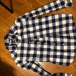 Blue & white plaid button up long sleeve shirt.